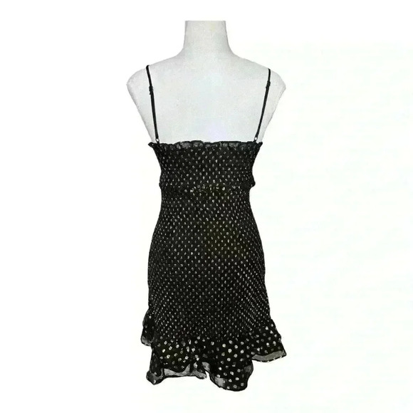 LIKELY Zephra Allover Smocked Black Gold Polka Dot Drop Ruffle Mini Dress 8 - Picture 6 of 10
